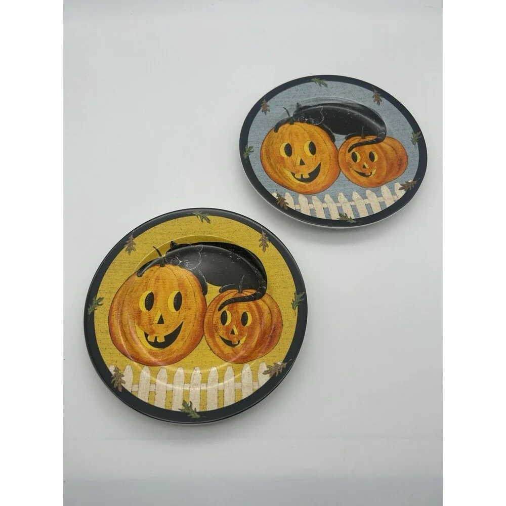 Sakura Warren Kimble Pumpkin Dreams Plates Set of 2 Halloween Jack-O-Lantern Cat